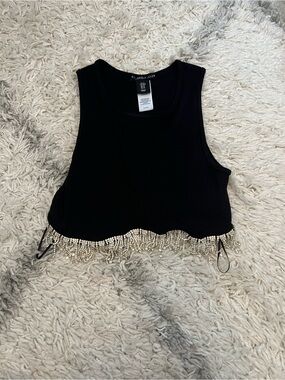 Sincerly Jules Black Crop Tank with rhinestone Beaded Fringe